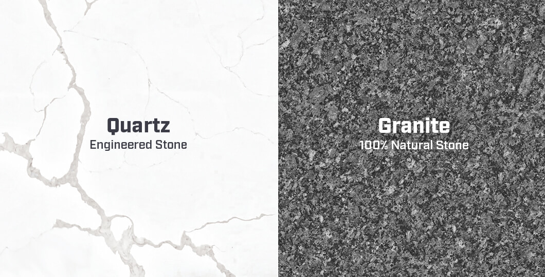 Close-up view comparing quartz engineered stone and granite natural stone textures side by side