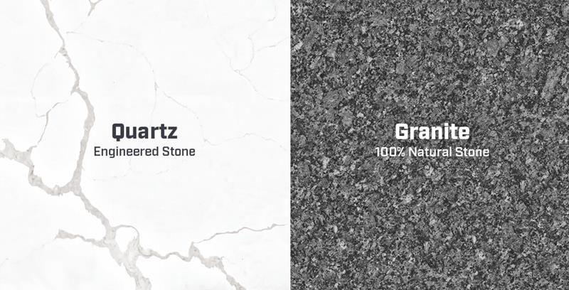 Close-up view comparing quartz engineered stone and granite natural stone textures side by side