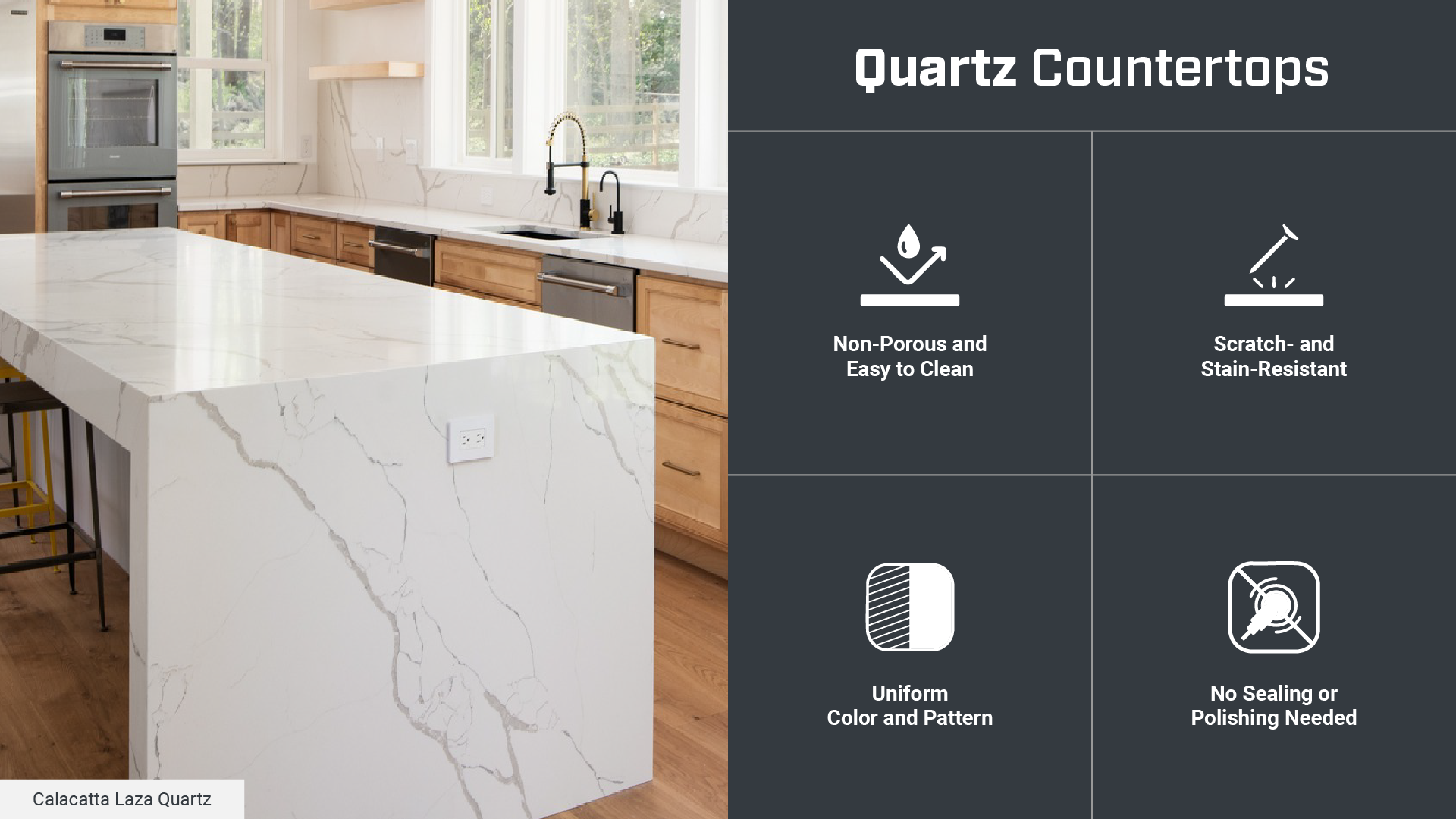 Quartz countertops – non-porous, easy to clean, and perfect for modern kitchens