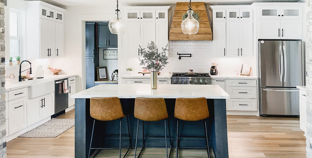 Highlight kitchen island with blue cabinets