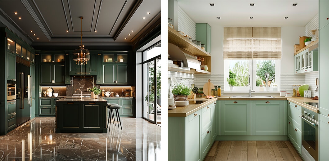 Dark Green Kitchen and Pastel Light Green Kitchen