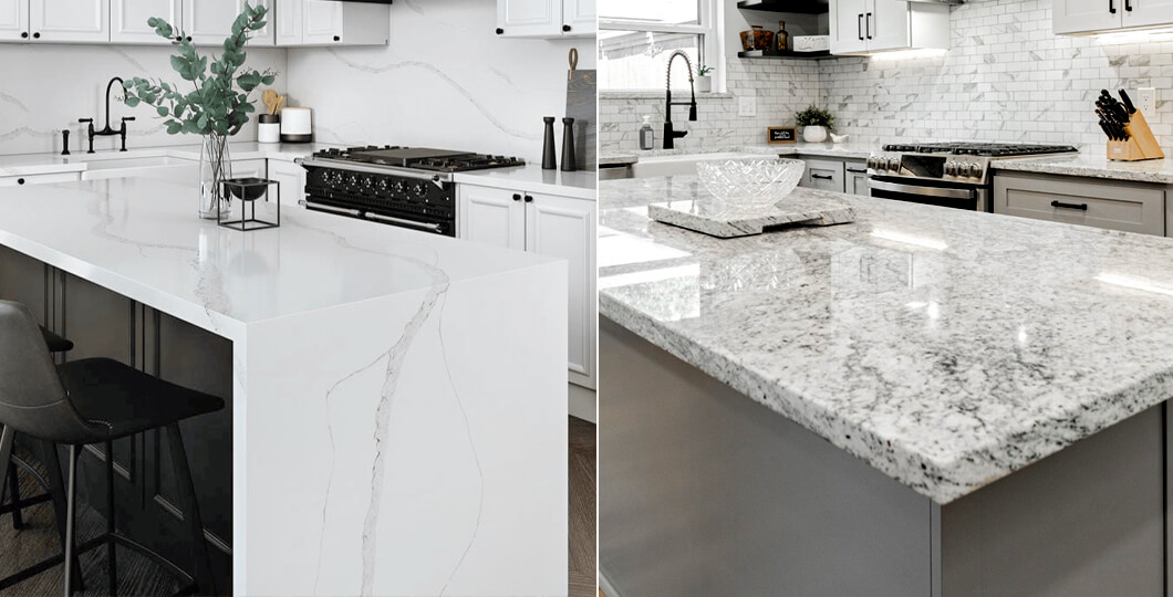 Modern kitchen interiors featuring quartz countertop on the left and granite countertop on the right for visual comparison