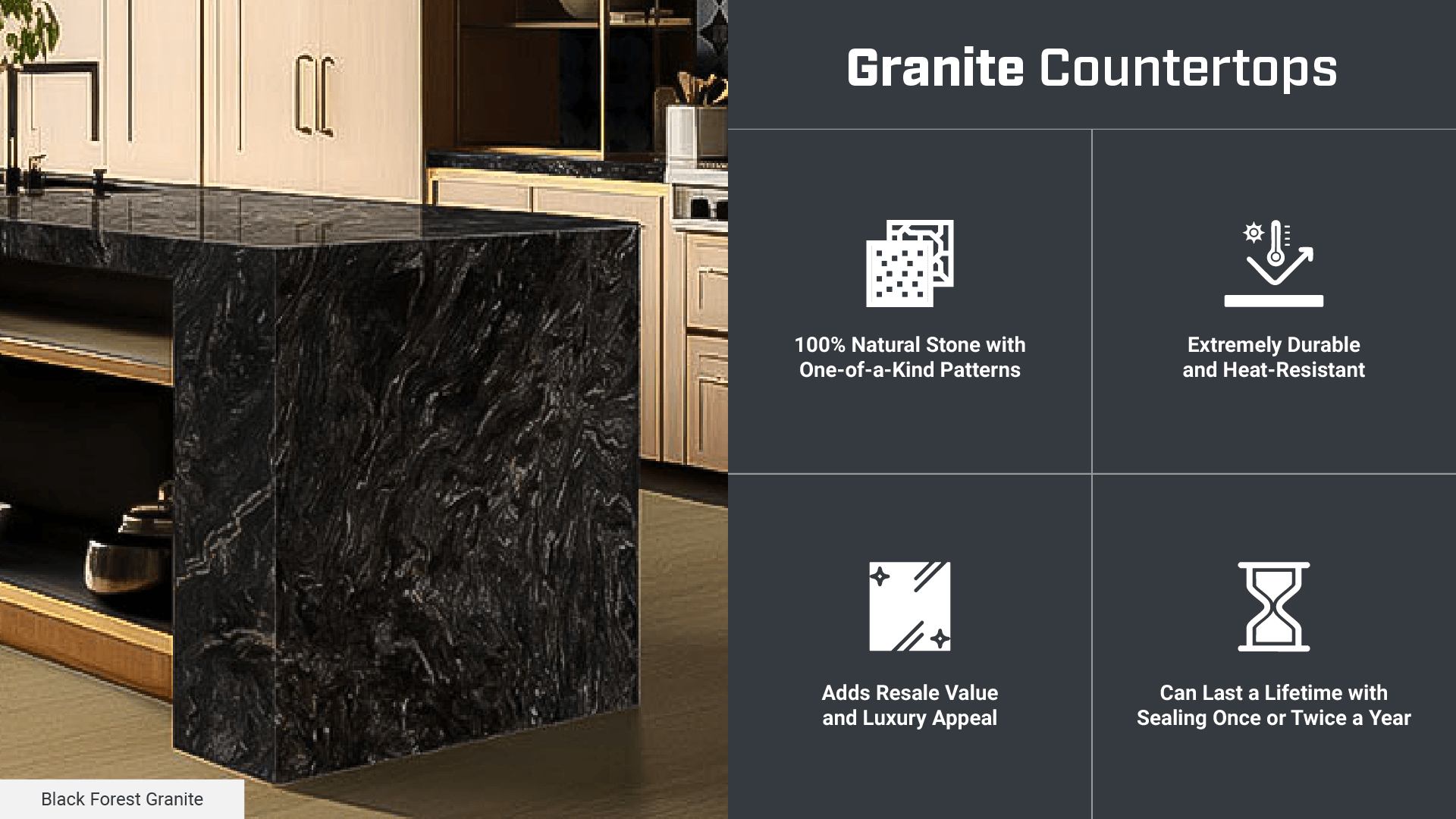 Granite countertops – durable, heat-resistant, and ideal for classic kitchen designs