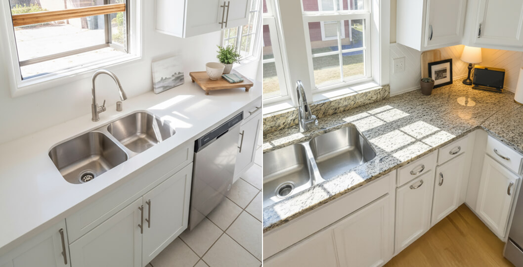 Side-by-side kitchen sinks installed on white quartz and beige granite countertops, showing material differences in finish and tone